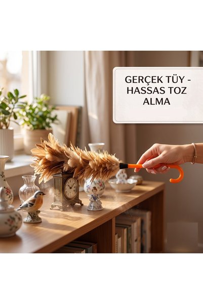 Duffa %100 Doğal Gerçek Tüy Toz Alma Fırçası - Orijinal Anti Statik Toz Toplayıcı - Uzun Saplı Çizimle Önleyici 60 cm