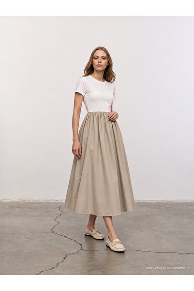 Serpirella Butik Two-Color Poplin Skirt Casual Dress