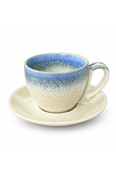 AKDC Ceramic Cup and Saucer Set Cream & Blue - 300ml