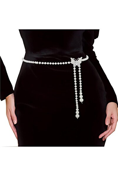 Generic Pearl Waist Chain for Women, 110cm Silver Chain Belt with Faux Pearls...
