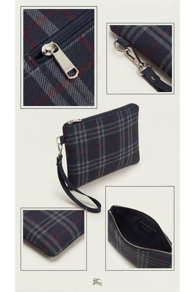 C&On Design Women's Navy Blue Plaid Patterned, Zippered, Multi-Purpose Wallet with Hand Strap, Makeup and Hand Bag