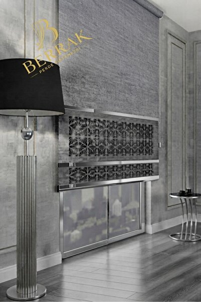 BerrakPerde Luxury Koyu Gri Renk Keten dokulu Çift sıra Lazer desen Gold çıta...