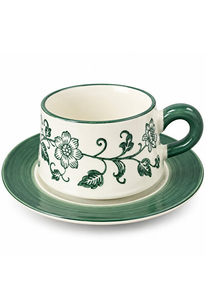 AKDC Floral Ceramic Cup and Saucer Set Green & White - 300ml