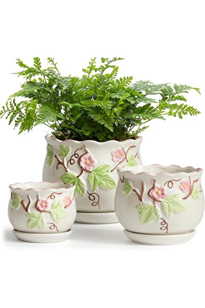 Generic Ceramic Plant Pots with Drainage Holes and Saucers, Round Flower Pots...