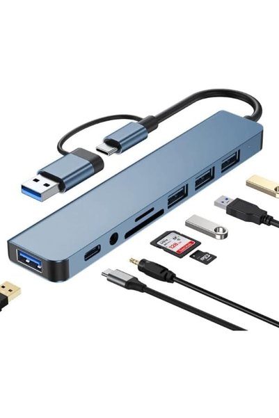 TUX Çoklayıcı Adaptör 8 in 2 USB Type-C to USB A, USB C, SD/TF Kart Okuyucu – MacBook ve Laptop Uyumlu Ç