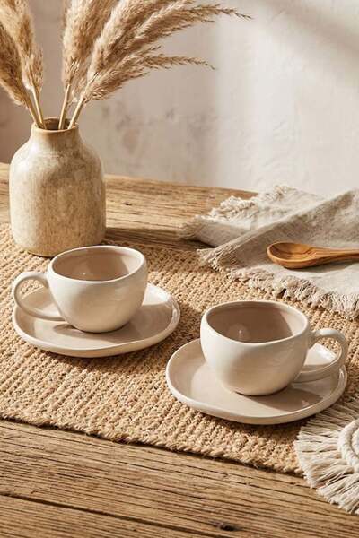 ÇELİKAY Roma Beige 4 Piece 2 Person Porcelain Coffee Cup Set 120 ml