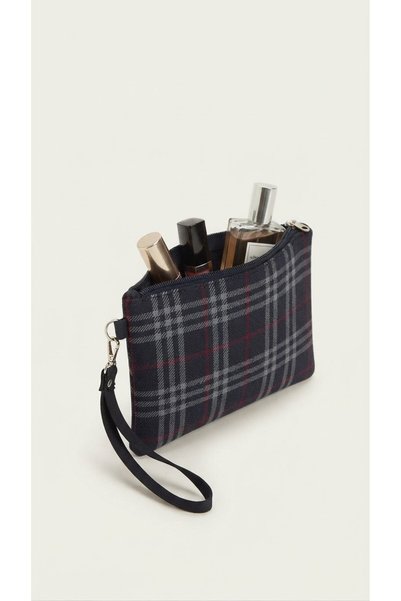 C&On Design Women's Navy Blue Plaid Patterned, Zippered, Multi-Purpose Wallet with Hand Strap, Makeup and Hand Bag