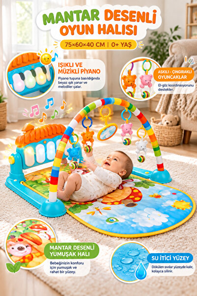 Baby Home Piyanolu Mantar Desenli Bebek Oyun Halısı – 0+ Ay, Hayvan Figürlü I...