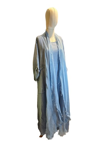 Lino Women's Natural Linen Sleeveless Dress & Silk Blend Tassel Detailed Long Kimono Jacket Set