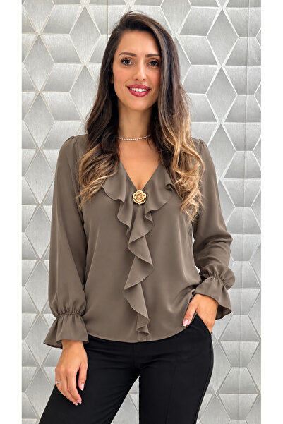 OnlyForYou Cămașă Damă Elegantă din Material Satinat Tip Piersicuță, Volane D...