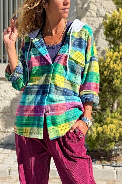Güneşkızı Multicolored Hooded Plaid Pocket Soft Textured Lumberjack Casual Sh...
