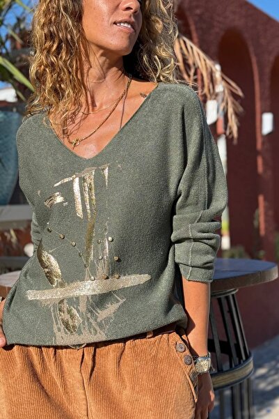 Güneşkızı Italian Khaki V-Neck Soft Textured Foil Printed Casual Sweater 65 50