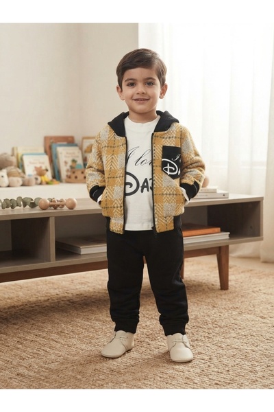 Danino Sarı-DAD Nakışlı Örgü Kapşonlu Hırka 3'lü Takım
