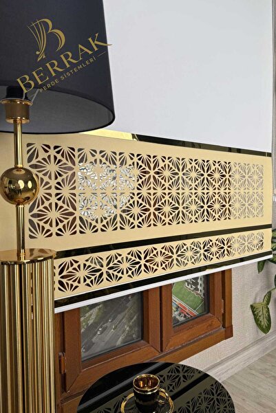 BerrakPerde Luxury Gold çıtalı Kırık Beyaz/Gold Renk Çift sıra Lazer desenli ...