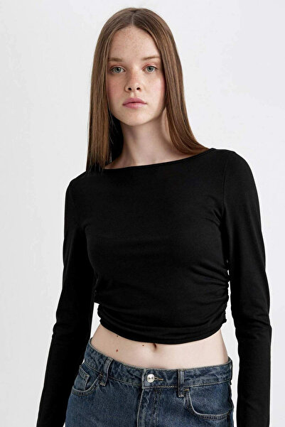 DeFacto Fitted Bodycon Boat Neck Basic Plain Long Sleeve T-Shirt