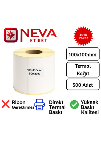 100x100mm Termal Barkod Etiketi - 500 Adet x 10 Rulo (Toplam 5.000 Adet)