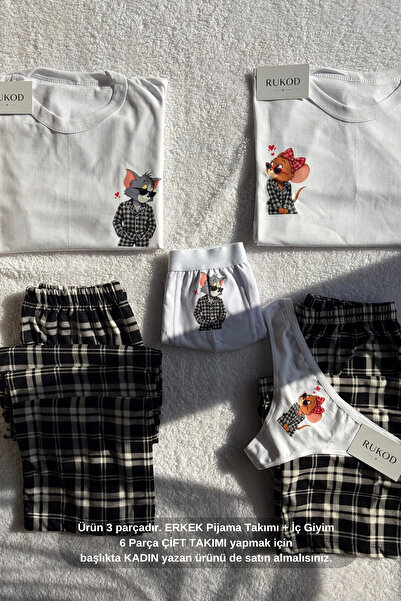 RUKOD ERKEK Tekli Beyaz Siyah Ekoseli Kedicik & Farecik Pijama ve İç Giyim Ta...