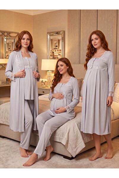 Lohusa Homewear New Season Gray Buttoned Design with Breastfeeding Feature, L...