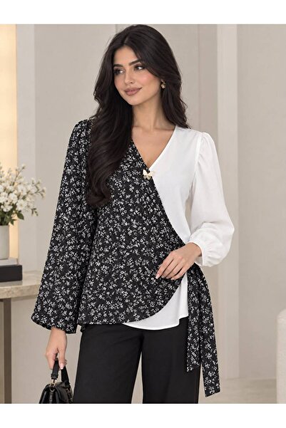 Verona Women's Two-Tone Floral Wrap Blouse – Long Sleeve & Side Tie