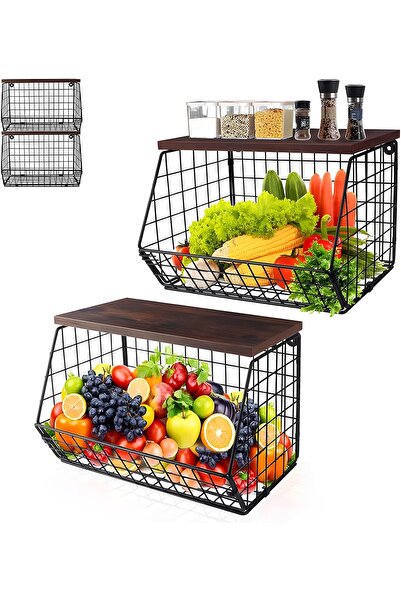 Generic Wall Mounted Wire Storage Baskets, 2-Piece Set with Wooden Top Shelf,...
