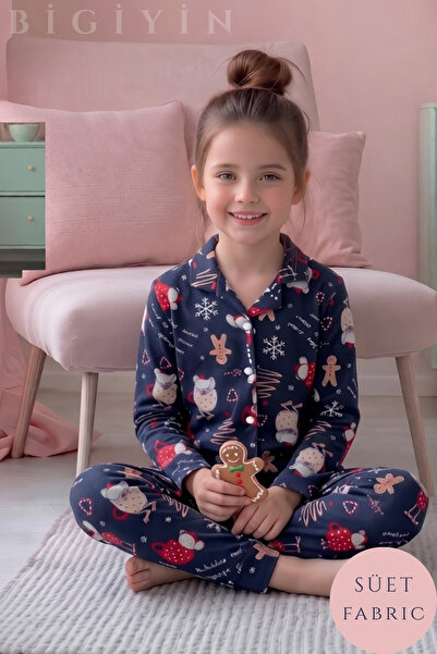 bigiyin Kız Çocuk Süet Kumaş Önden Düğmeli Kışlık Pijama Takımı - Yumuşak Dok...