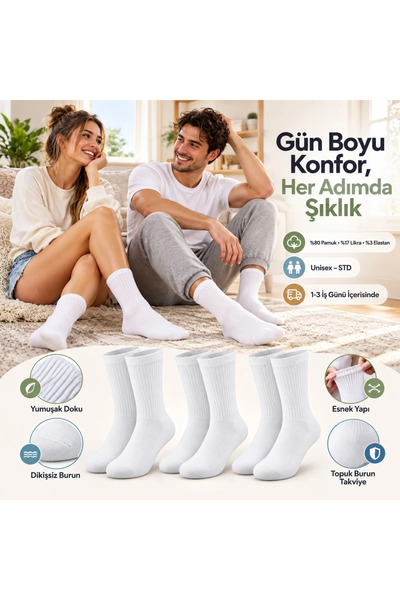 TeOraStore Unisex Beyaz Soket Çorap 6'lı Set %80 Pamuk Dikişsiz Burun Takviyeli Esnek Günlük Spor Çorabı Konfor