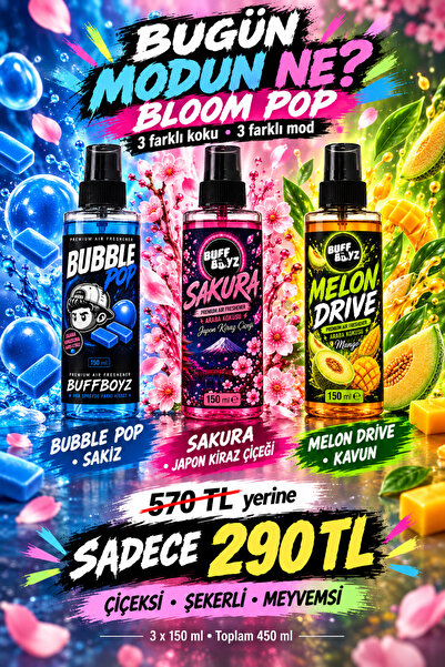 Bloom Pop 3’lü Araba Kokusu Seti 150 ml x3 – Sakura, Sakız ve Kavun Araç Kokusu Spreyi