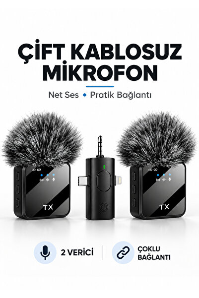 2'li Profesyonel Kablosuz Yaka Mikrofonu F15 – Tüylü Rüzgar Önleyicili, Gürültü Azaltma Özellikli (Type-C & Lightning Uyumlu)