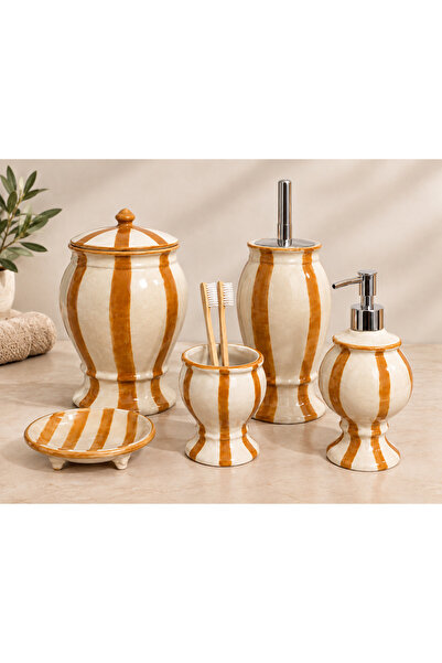 RED SERAMİK Naomi Collection Striped 5 Piece Bathroom Set Handmade Color Tan/...