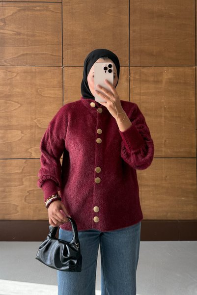 ensade High Collar Balloon Sleeve Gold Button Soft Knitwear Women's Sweater