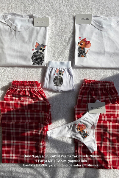 RUKOD KADIN Tekli Beyaz Kırmızı Ekoseli Kedicik & Farecik Pijama ve İç Giyim ...