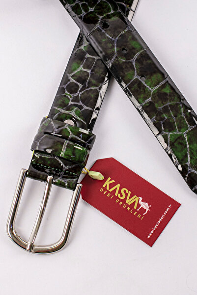 KASVA DERİ Green Stone Crocodile Pattern Leather Belt 3.5 cm