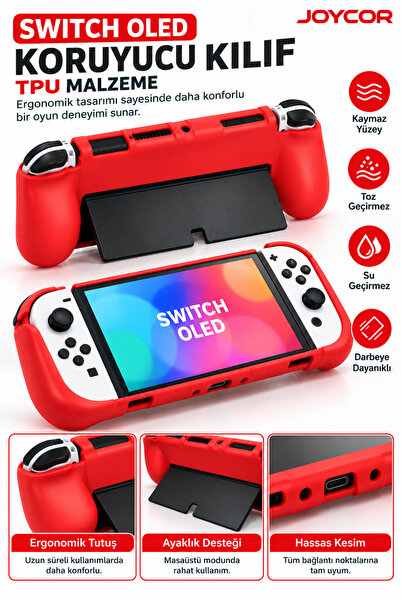 JOYCOR Switch OLED Uyumlu Kırmızı TPU Koruyucu Kılıf Premium Darbe Koruması T...