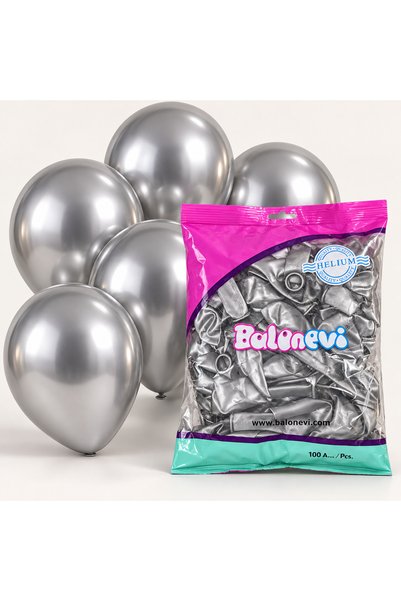 BalonEvi Metalik Gümüş Balon 10 İnç 100’lü Paket – Doğum Günü ve Parti Süslem...