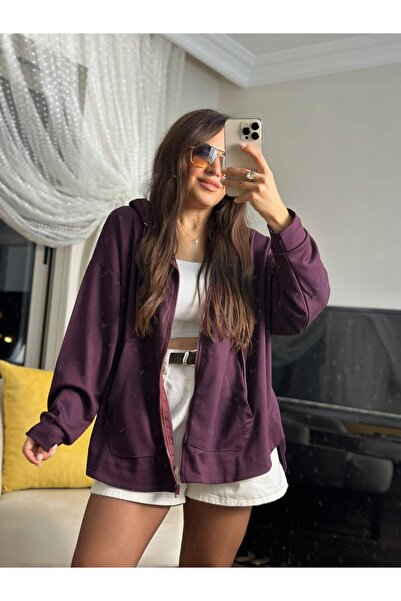 Modal Fermuarlı Oversize Kapüşonlu Ceket Mürdüm