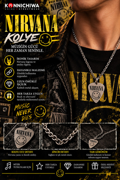 FG KONNİCHİWA Nirvana Necklace – Smiley Logo Pena Guitar Grunge Rock Music Ne...