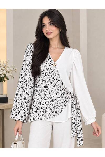 Verona Women's Two-Tone Floral Wrap Blouse – Long Sleeve & Side Tie