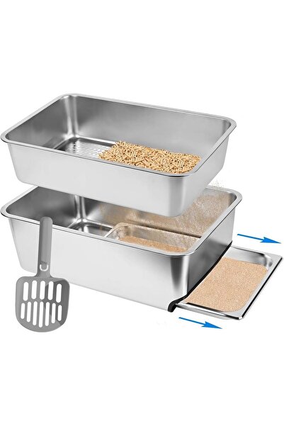 Generic Stainless Steel Cat Litter Box, 60*40*20cm Large Pull-Out Cat Litter ...