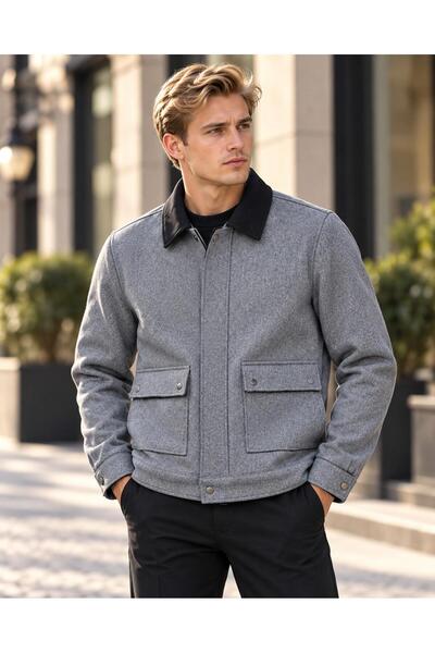 Vesli Men's Gray Premium Cashmere Coat – Contrast Velvet Collar, Zipper Snap ...