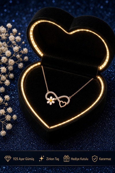 zamane saat 925 Ayar Gümüş Sonsuzluk Kolye Papatya Kalp Rose Gold Zirkon Taşl...