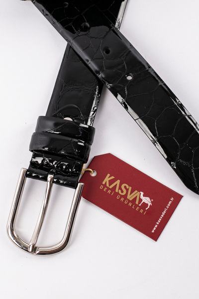KASVA DERİ Black Stone Crocodile Pattern Leather Belt 3.5 cm