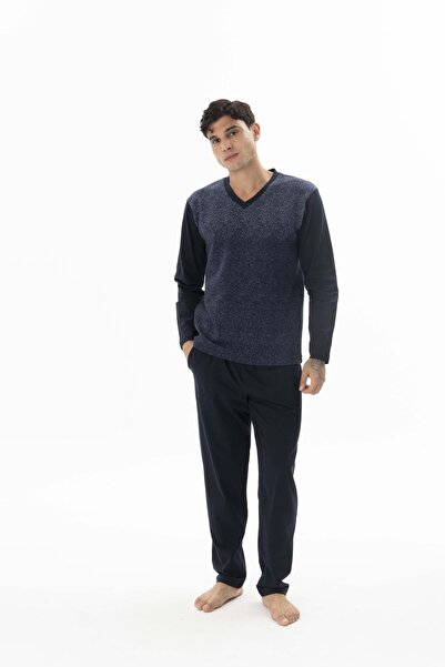 KLY Men's Long Sleeve V-Neck Indigo Pajama Set C3T0N662