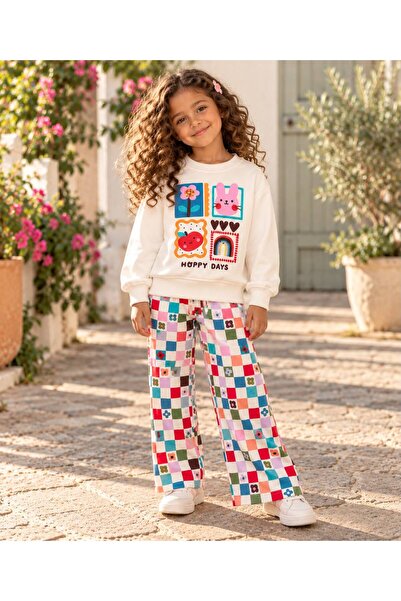buzy kids concept Beyaz Renkli Resim Baskılı Kız Çocuk 3 İplik Eşofman Takımı...