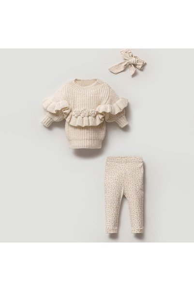 STRAWBABY Nipperland Ruffled and Floral Detailed Baby Girl Knitwear Set - 3-P...
