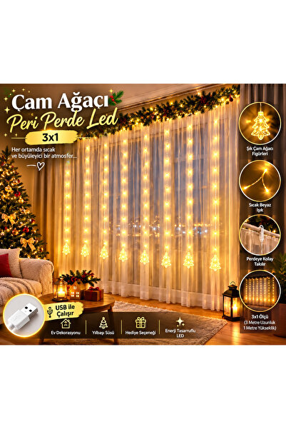 MixmioLife Çam Ağacı Figürlü USB Led Perde Işık 3x1 Metre Sıcak Beyaz Yılbaşı...
