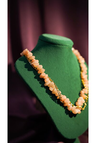 Doğal kırık taş choker kolye-gold zincirli- şeftali ay taşı- çift sıra tasarım