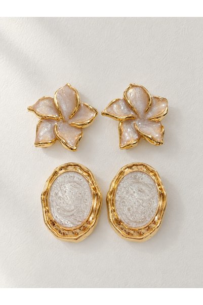Ayzida 2-Piece Lotus Pearl Flower & Oval Medallion Earrings