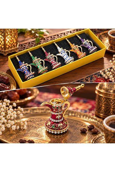 hediyeconcepti 6'lı Renkli Taşlı Arap Kahve İbriği Biblo Seti Dekoratif Metal Cezve Magnet Hediyelik Set