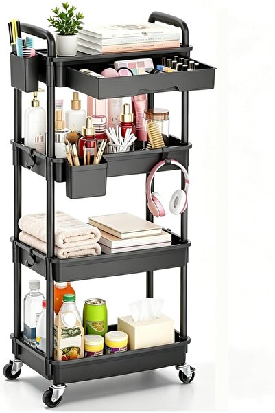 GENERAL Black 3/4-Tier Rolling Storage Trolley with Detachable Drawer, Heavy ...