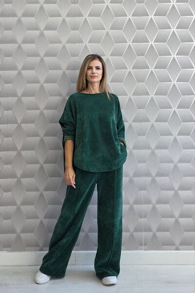MAXORA SHOP Melody women's Ribbed set, Oversized blouse and wide pants Green